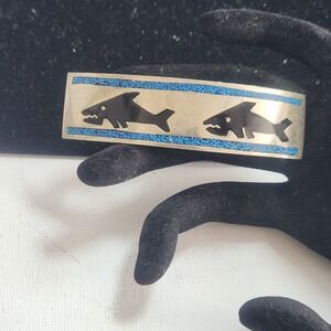 Vtg Mexico Silver Turquoise Chip Inlay Fish Hair Barrette Clip Made In France